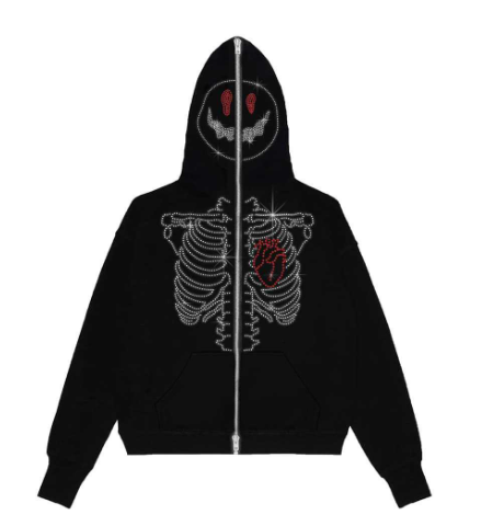 Unisex Printed Rhinestone Zip-Up Hooded Cardigan