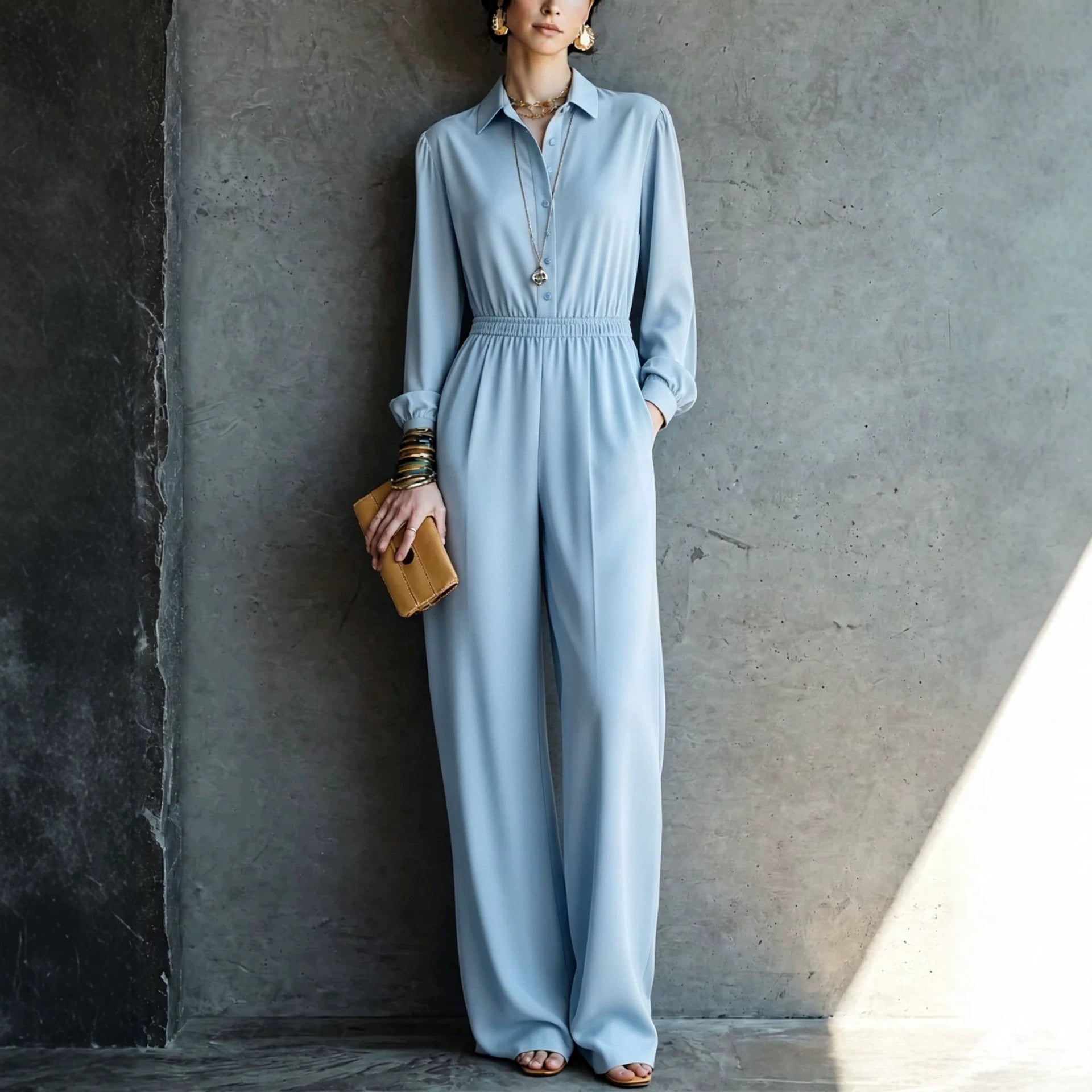 Casual Solid Color Pocket Long Sleeve Jumpsuit