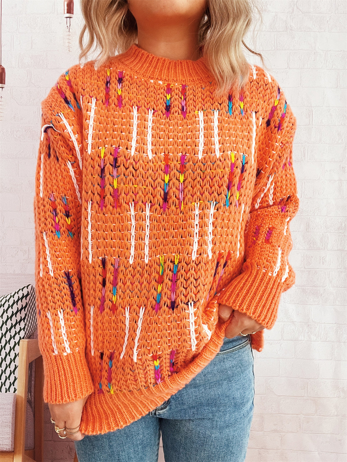Contrast Color Cute Style Knitted Pullover Sweater for Women