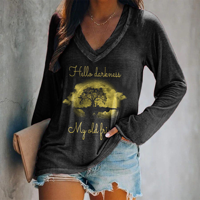 Retro 3D Print V-Neck Tee Casual Vintage Women's Top