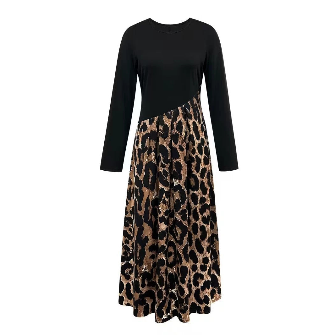 Plus-Size Leopard Print Long Sleeve Fishtail Dress