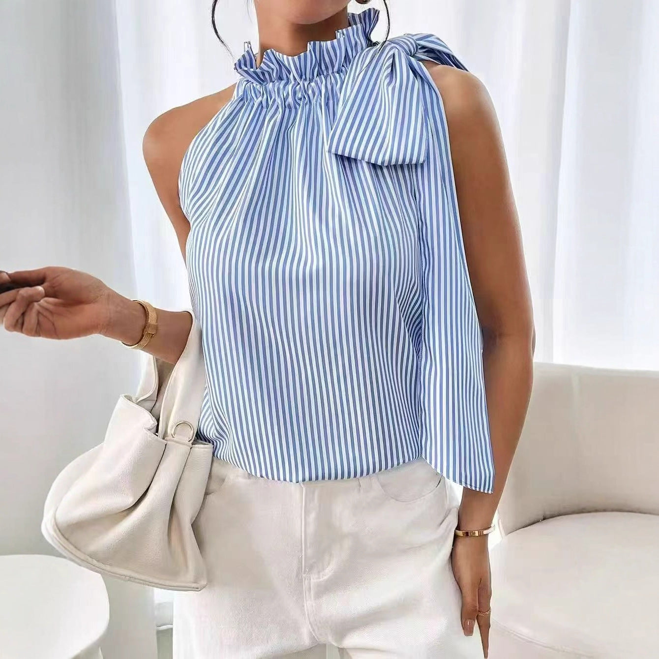 Sky Blue Striped Sleeveless Top – Relaxed Fit & Minimalist Style