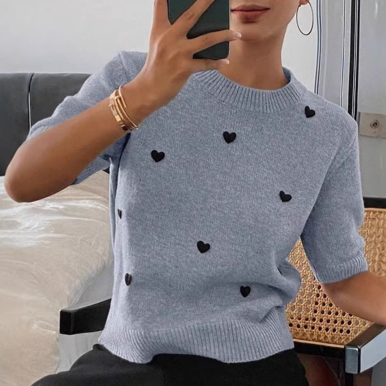 Womens Crew-neck Pullover Heart Jacquard Knitted Sweater