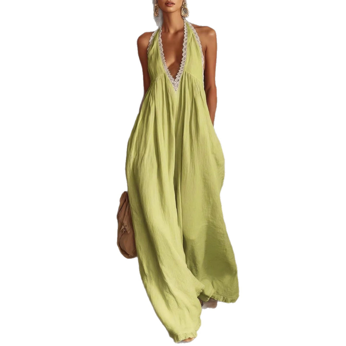 Casual Lace-Trimmed Loose Linen Jumpsuit