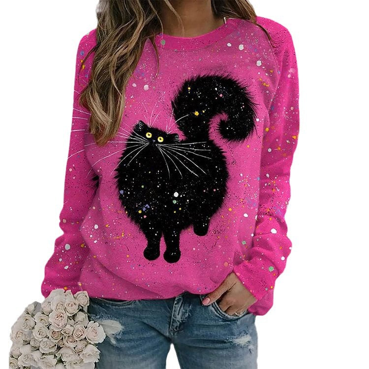 Cute Cartoon Cat Print Long Sleeve Crew Neck Sweatshirt