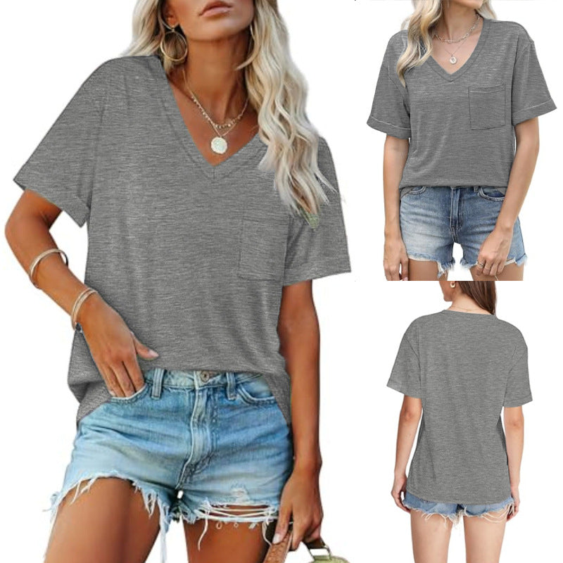 Loose V-Neck Pocket T-Shirt – Short Sleeve, Soft Polyester, Gray