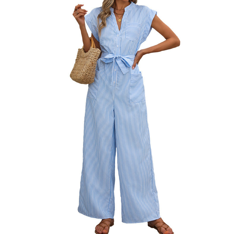 Blue & White Striped V-Neck Casual Wide-Leg Jumpsuit