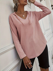 Elegant Beige Hanky Hem V-Neck Hoodie For Women