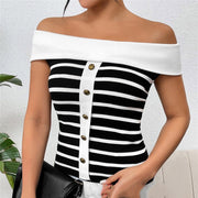 Chic Striped Off-Shoulder Knit Sweater – Long Sleeve Comfort