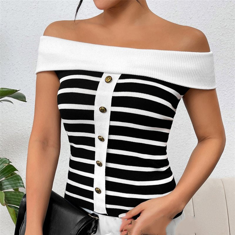 Chic Striped Off-Shoulder Knit Sweater – Long Sleeve Comfort
