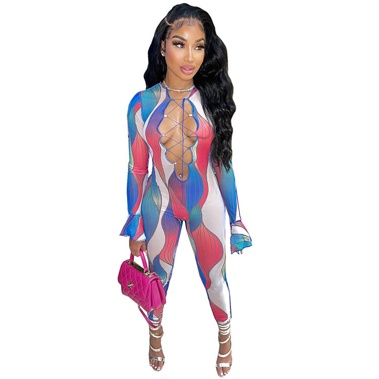 Women's Chic Printed Long-Sleeve Jumpsuit