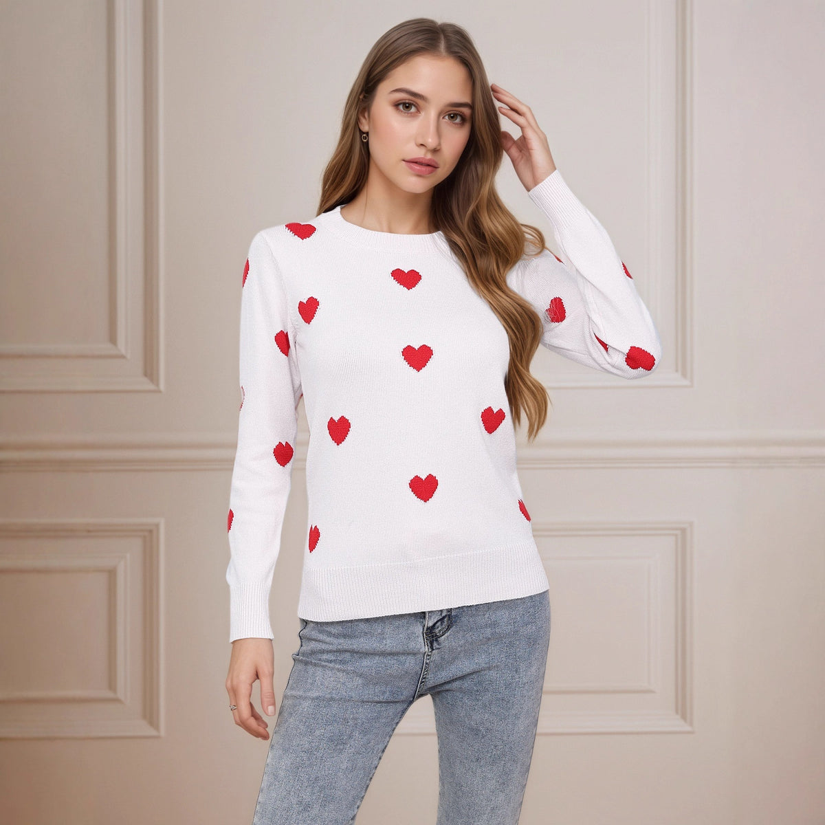 Women's Heart Jacquard Round Neck Pullover Sweater