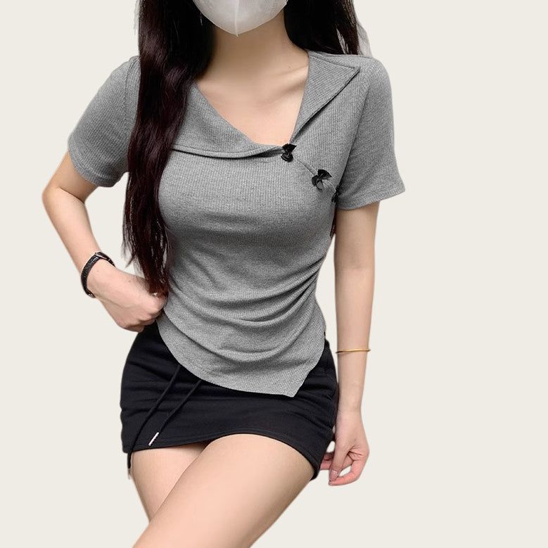 Slim‑Fit Bow‑Pleated T‑Shirt with Turn‑Down Collar