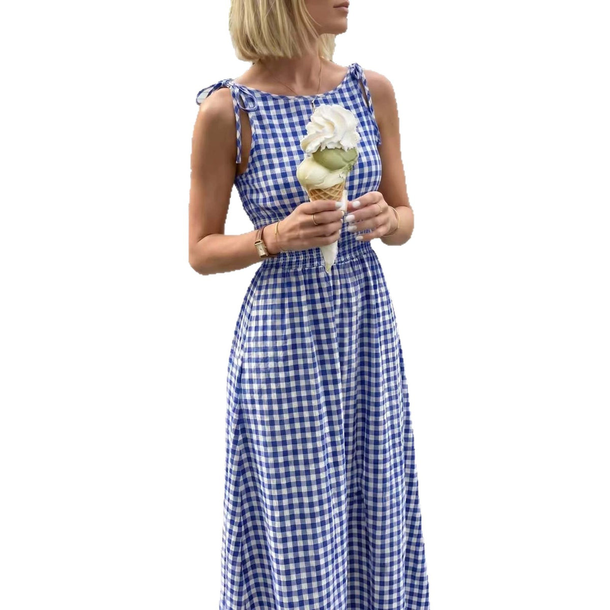 Plaid Bow-Strap Ruffled A-Line Dress