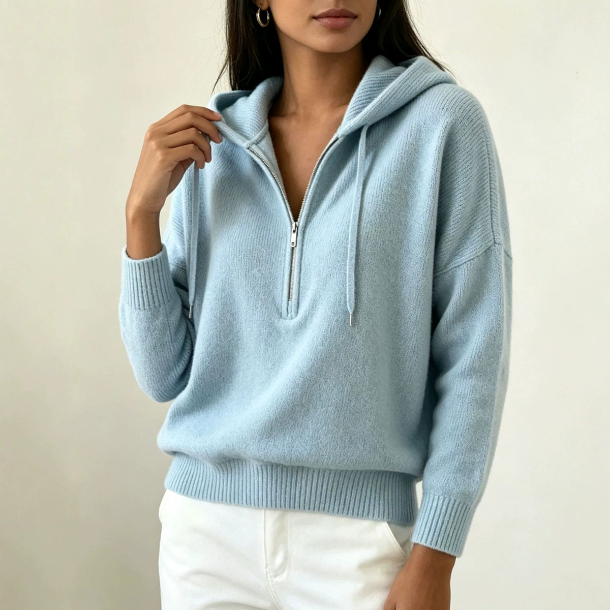 Womens Solid-color Loose-fit Sweater with Drawstring