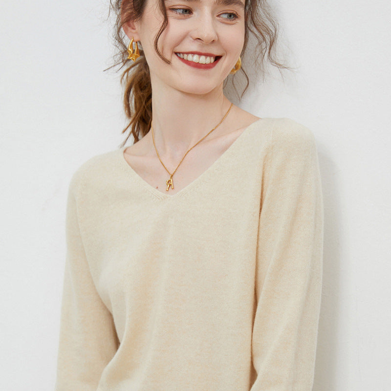 Pure Wool V-Neck Long-Sleeve Sweater for Women