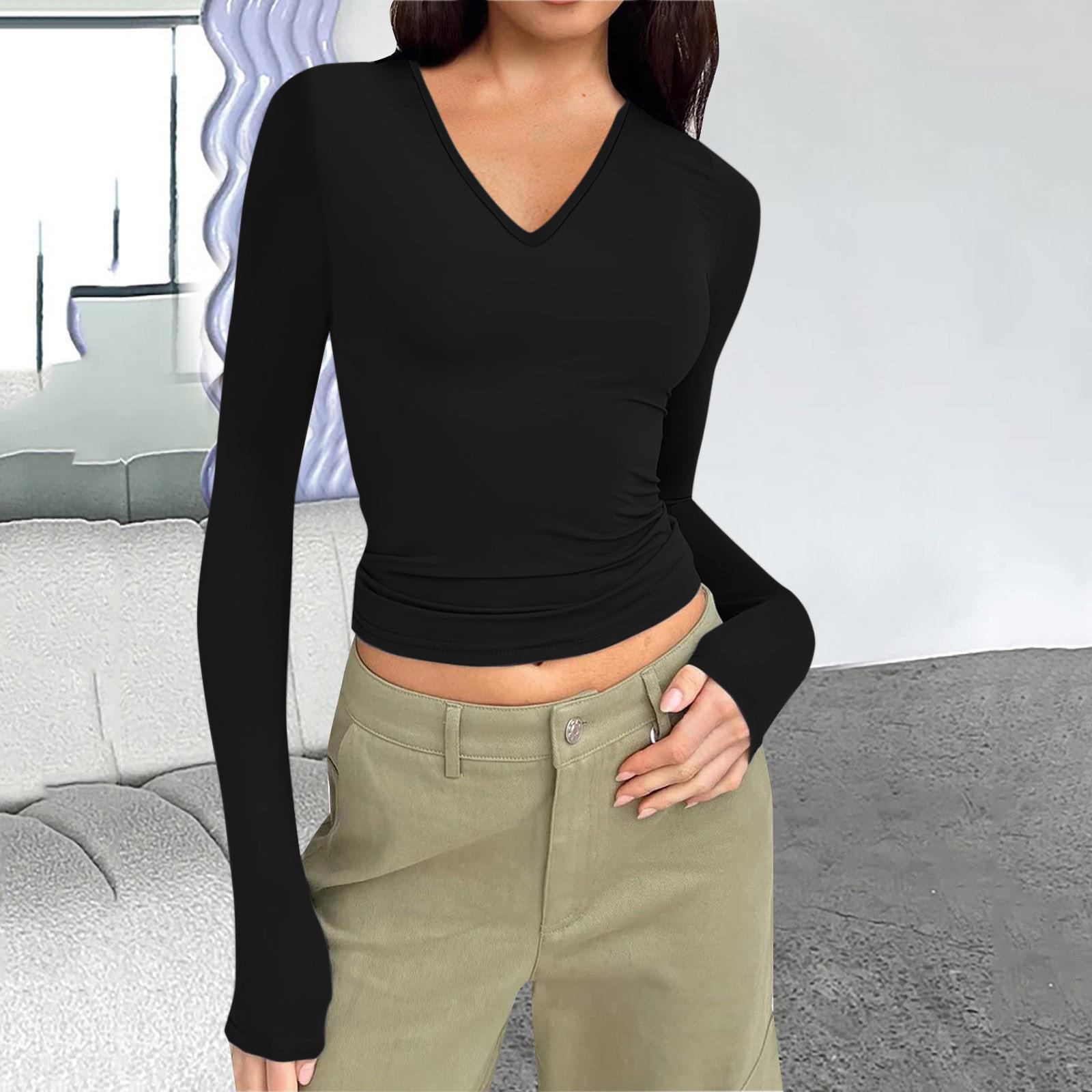 Women's V-Neck Slim Fit Long-Sleeve Basic Tee