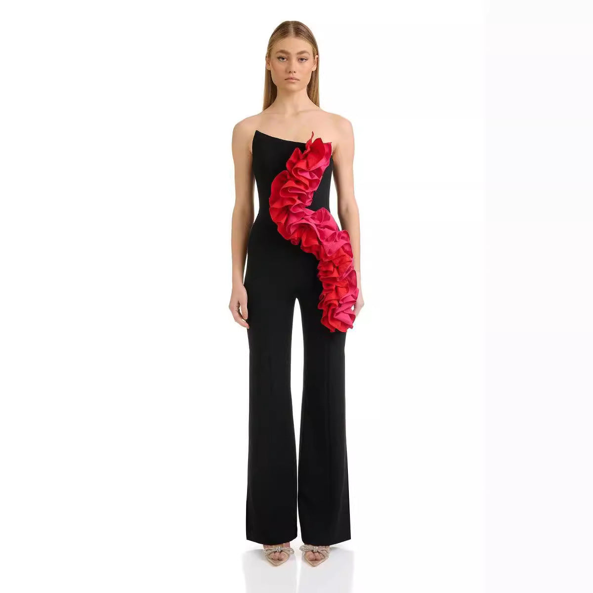 Bandage Fashion Tube Top Red Applique Wide Leg Jumpsuit