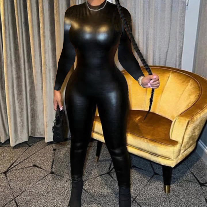 Women's Solid Color Faux Leather Pleated Serpentine Sheath One-piece Trousers