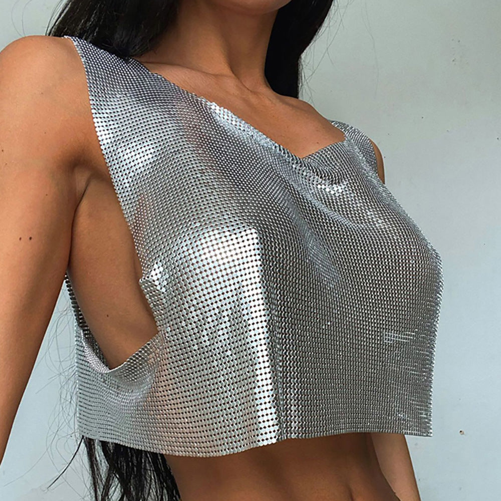 Metallic Halterneck Crop Tee – Slim Fit, Ultra‑Short, Vibrant Colors