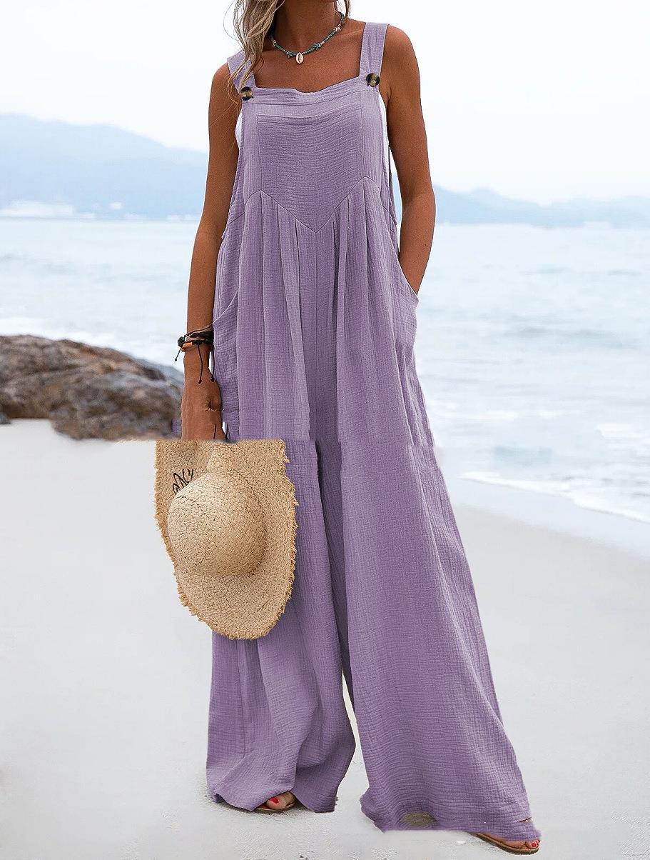 Sleeveless Wide-leg Buttoned Ethnic-style Jumpsuit