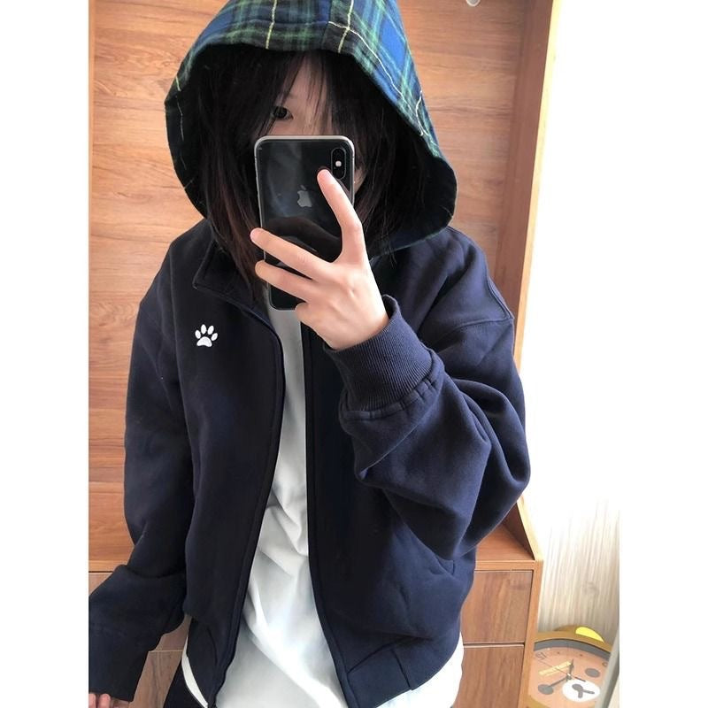 Retro Plaid Hoodie Korean Style Women Sweater