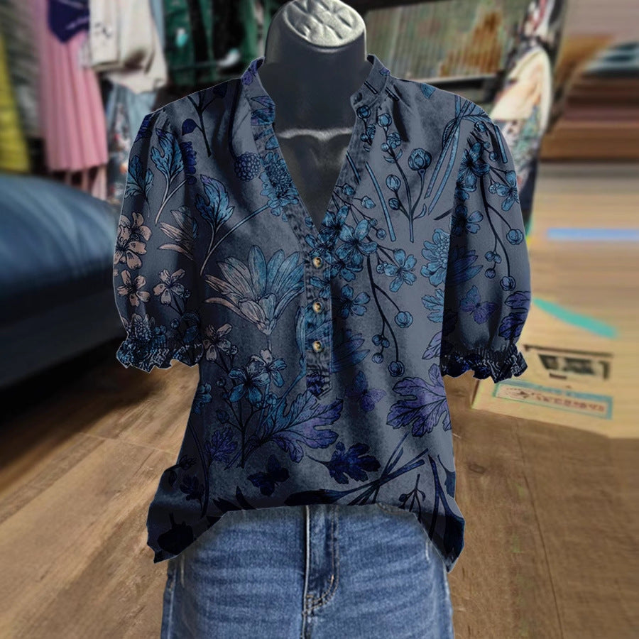 Printed Ruffle-Sleeve V-Neck Pullover Shirt