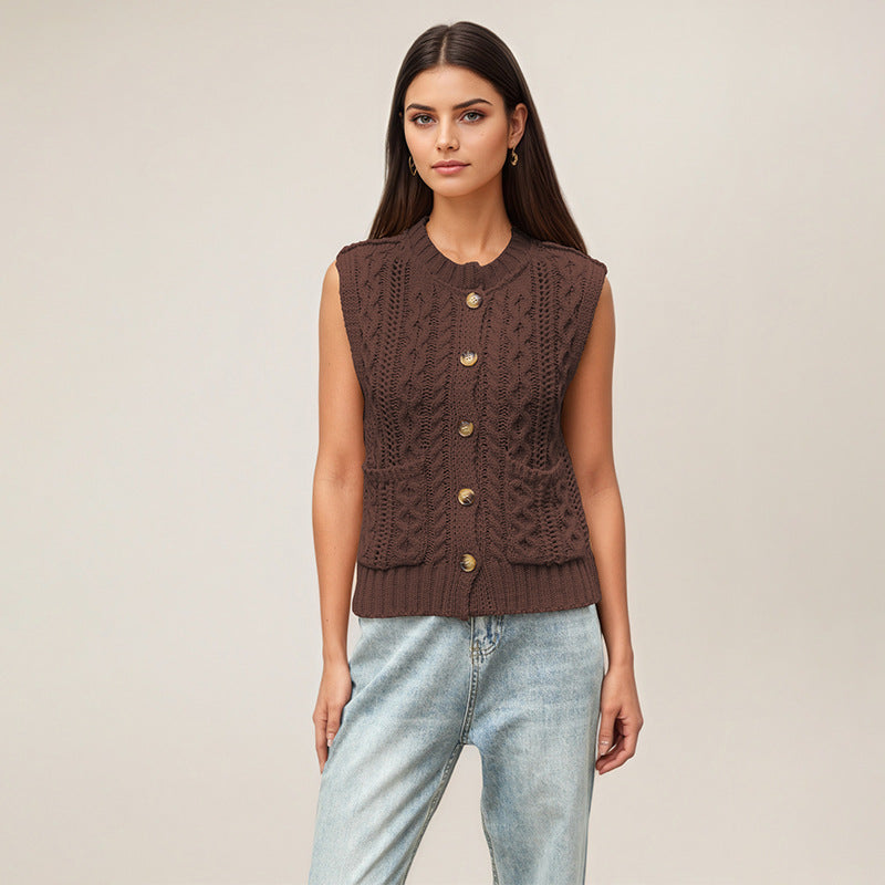 New Arrival Womens Crew-neck Pocketed Sleeveless Cardigan Knitted Vest