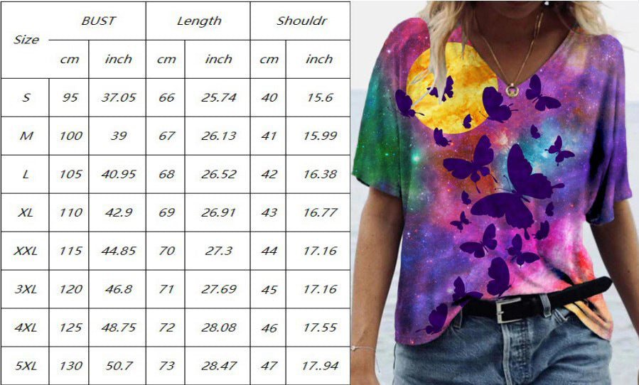 Women's 3D Printed Loose V-Neck Short Sleeve Top