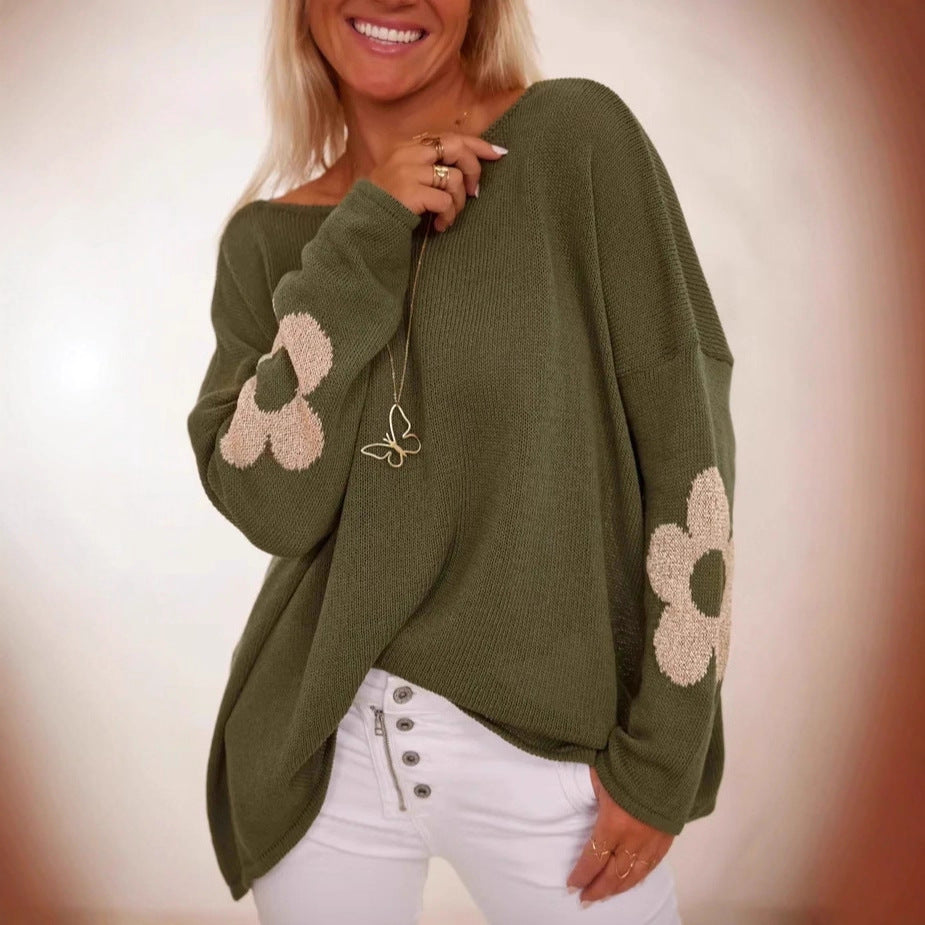 Graceful Floral Jacquard-knit Loose-fitting Crew-neck Pullover