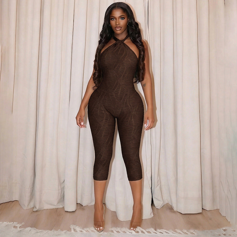 Womens Solid-Color Cropped Skinny Jumpsuit