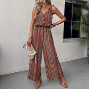 Casual Striped Wide-Leg Jumpsuit with Straps & Elastic Waist