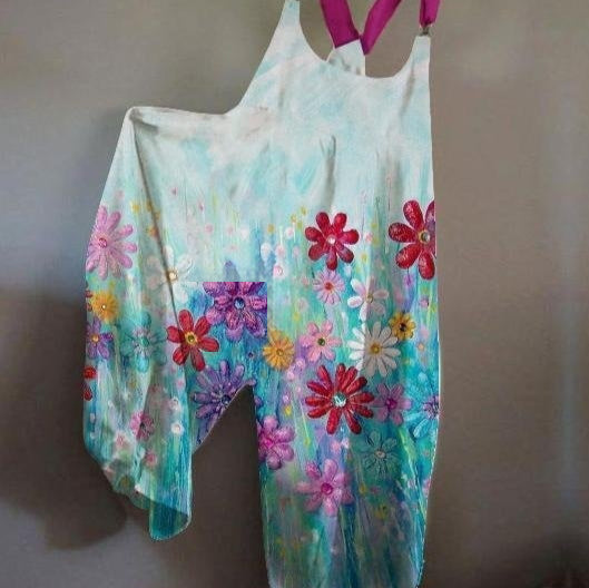 Womens Floral-Print Loose Casual Suspender Jumpsuit With Buckles