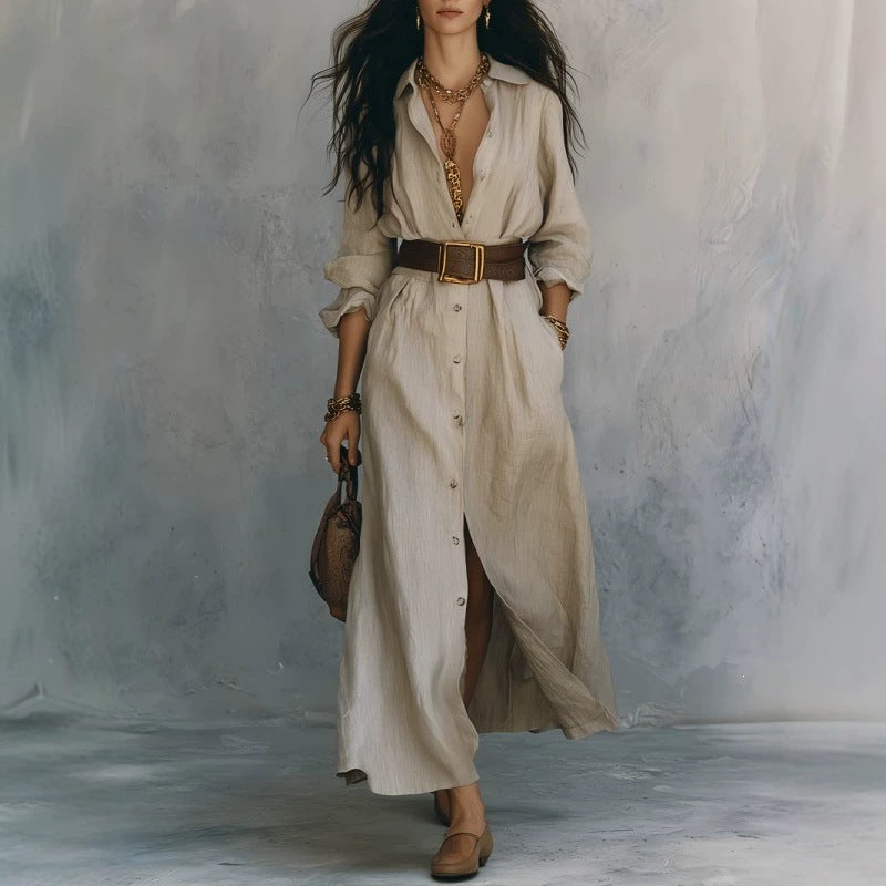 V-neck Long Shirt Dress for Women
