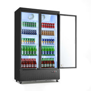 Commercial Upright Beverage Cooler – 29.3 cu ft (830 L), 2‑Door Glass Display with 8 Adjustable Shelves, LED Light & Casters