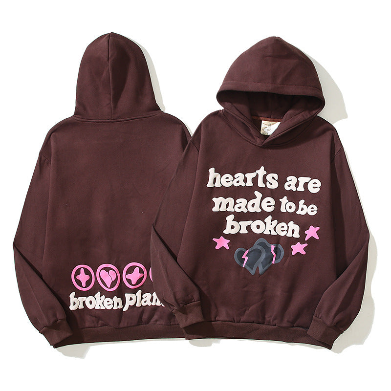 Broken Planet Puff Print Loose Fleece Casual Hooded Sweatshirt