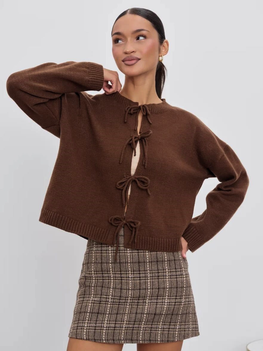 European and American European and American Leisure Loose Cardigan Lace-up Solid Color Knitted Sweater for Women