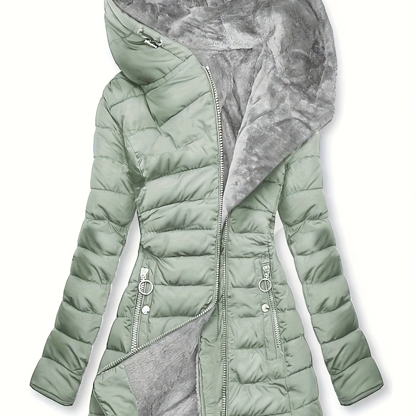 Fleece-Lined Jacket Winter Fleece-Lined Women's Hooded Jacket | Mid-Length Relaxed Fit Coat with Zipper Front, Long Sleeve Casual Outerwear for Cold Weather