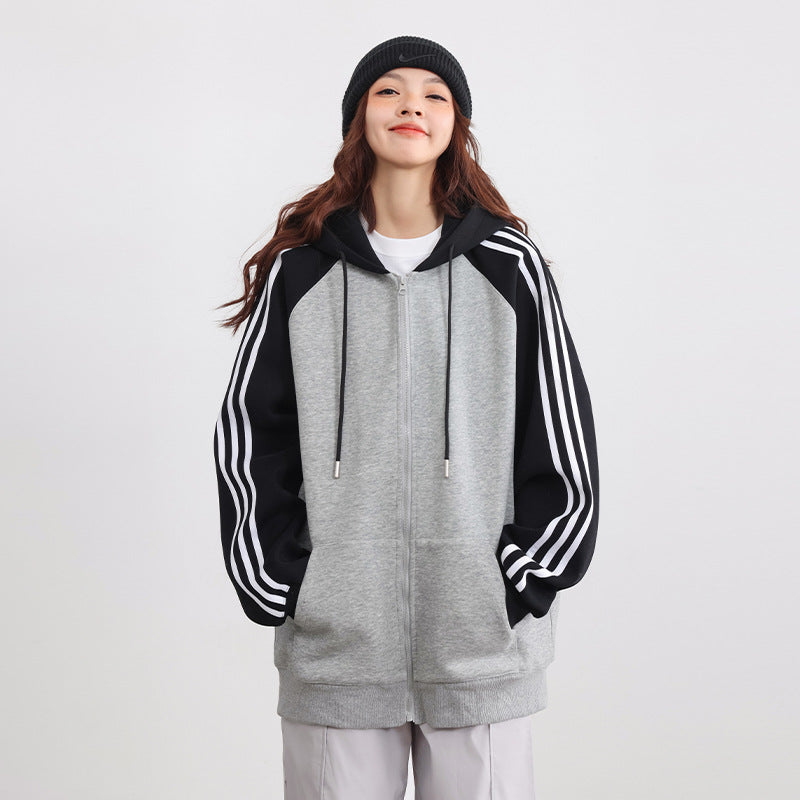 Retro Contrast Color Hooded Zip Sweatshirt