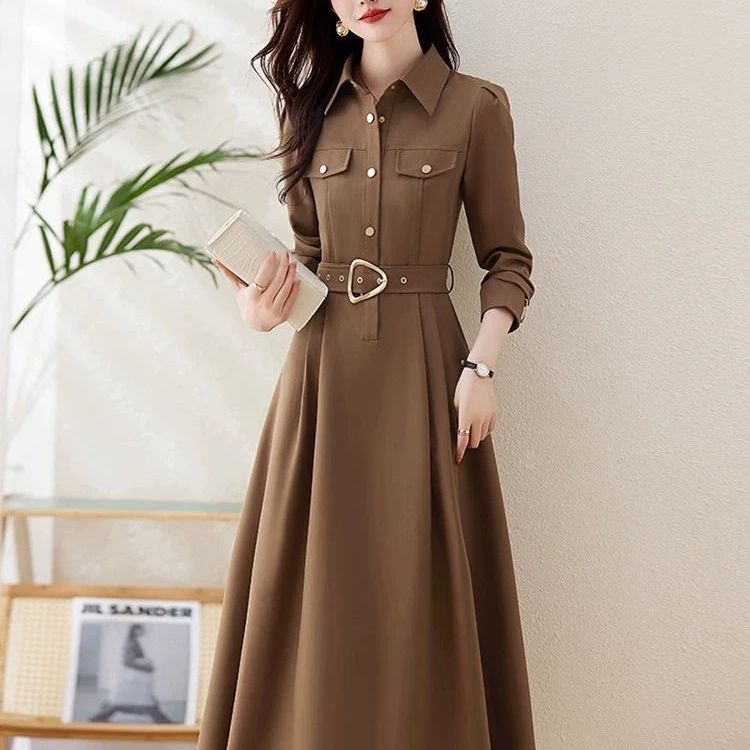Elegant Lapel A-Line Midi Dress with Fitted Waist