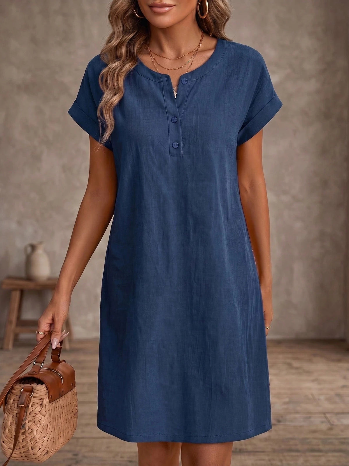 Womens Loose-fitting Round-neck Button-front Short-sleeve Dress