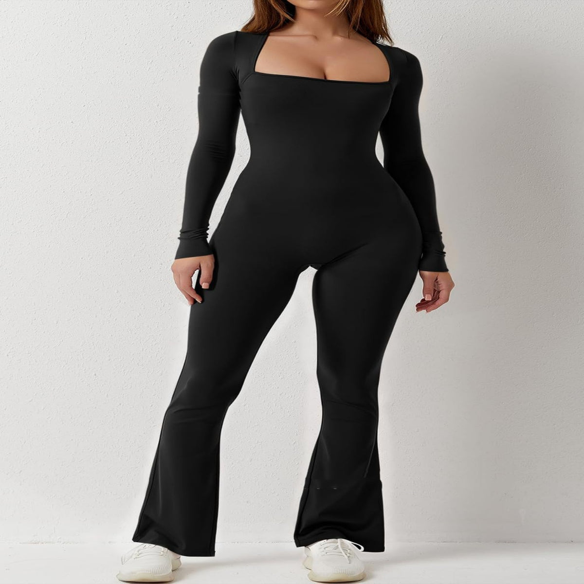 Women's Long Sleeve Square Collar Solid Jumpsuit