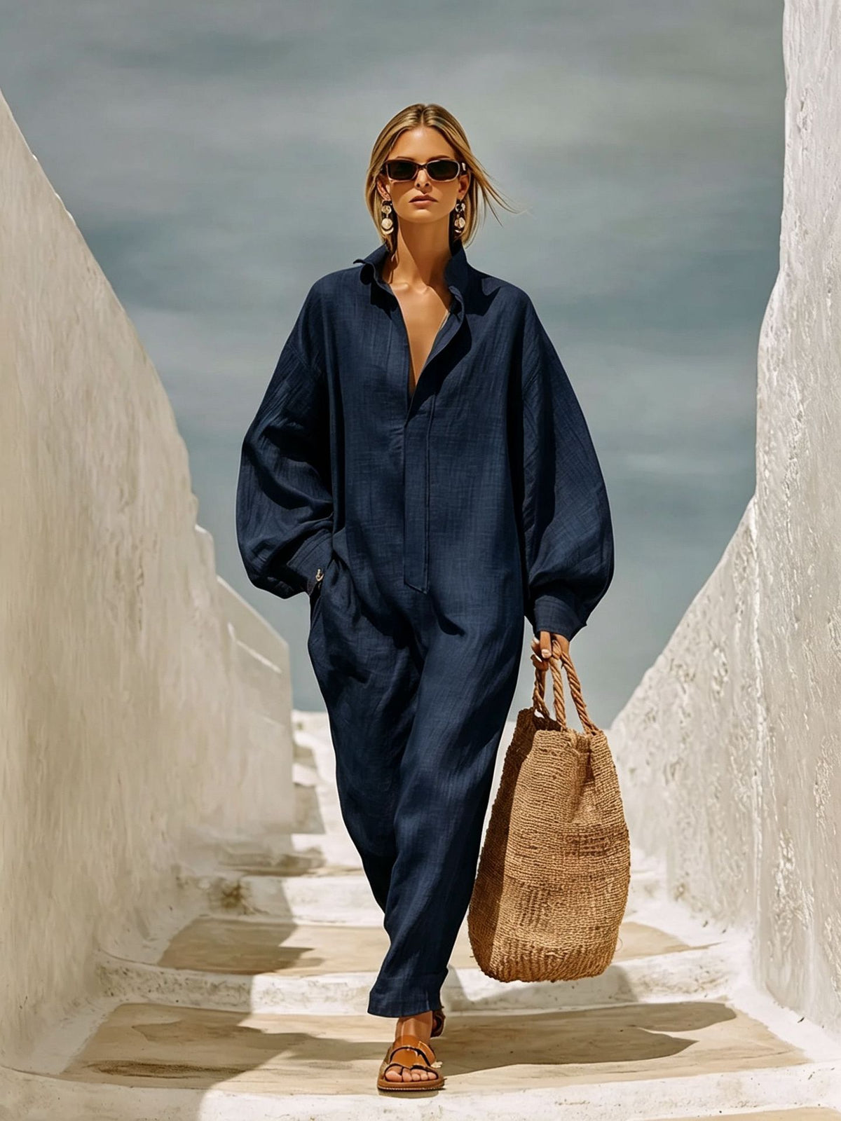 Chic Half-Zip Wide-Leg Casual Jumpsuit