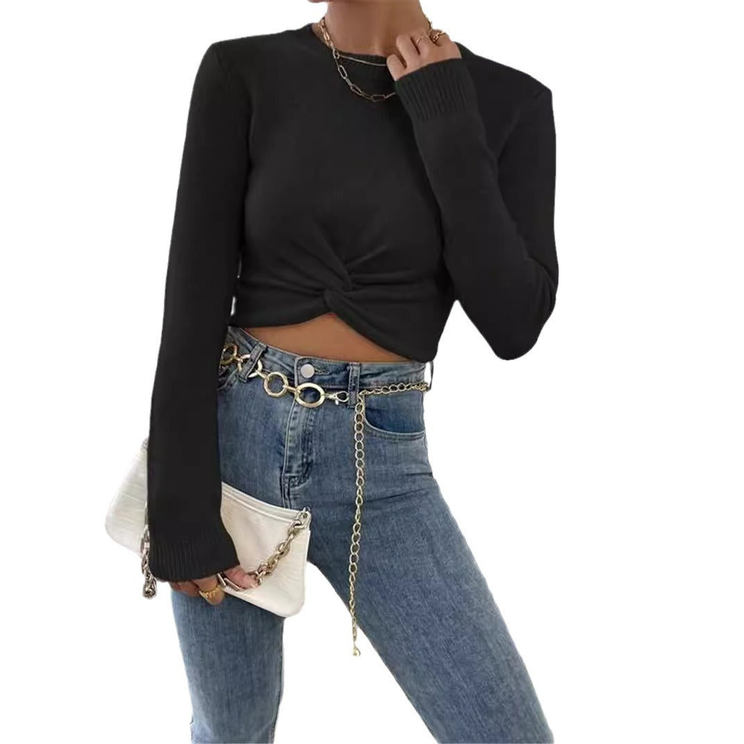 Round Neck Design Cross Knitted Top Sweater for Women