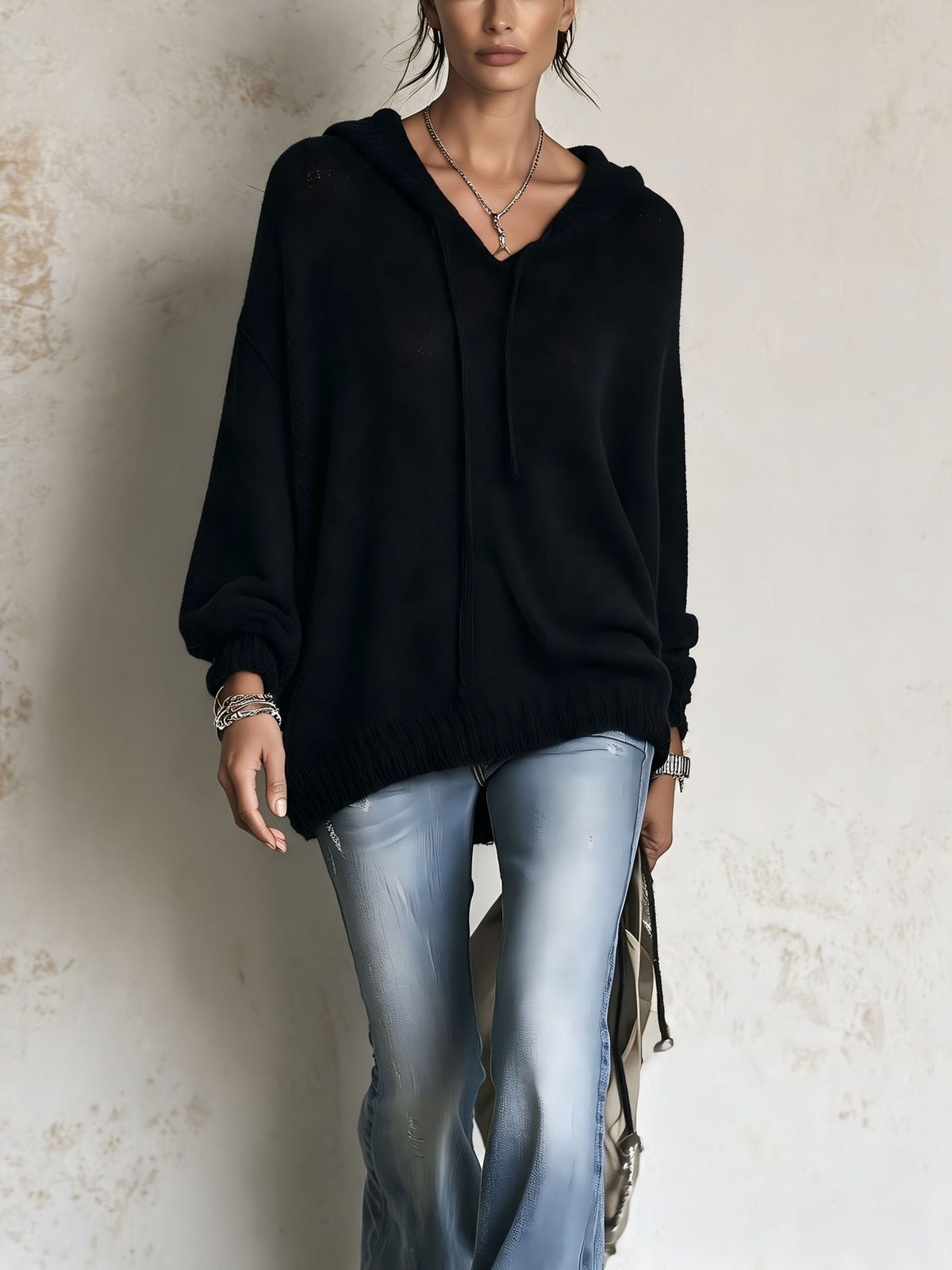 Womens Knitted Hooded Long-sleeve Sweater with Drawstring
