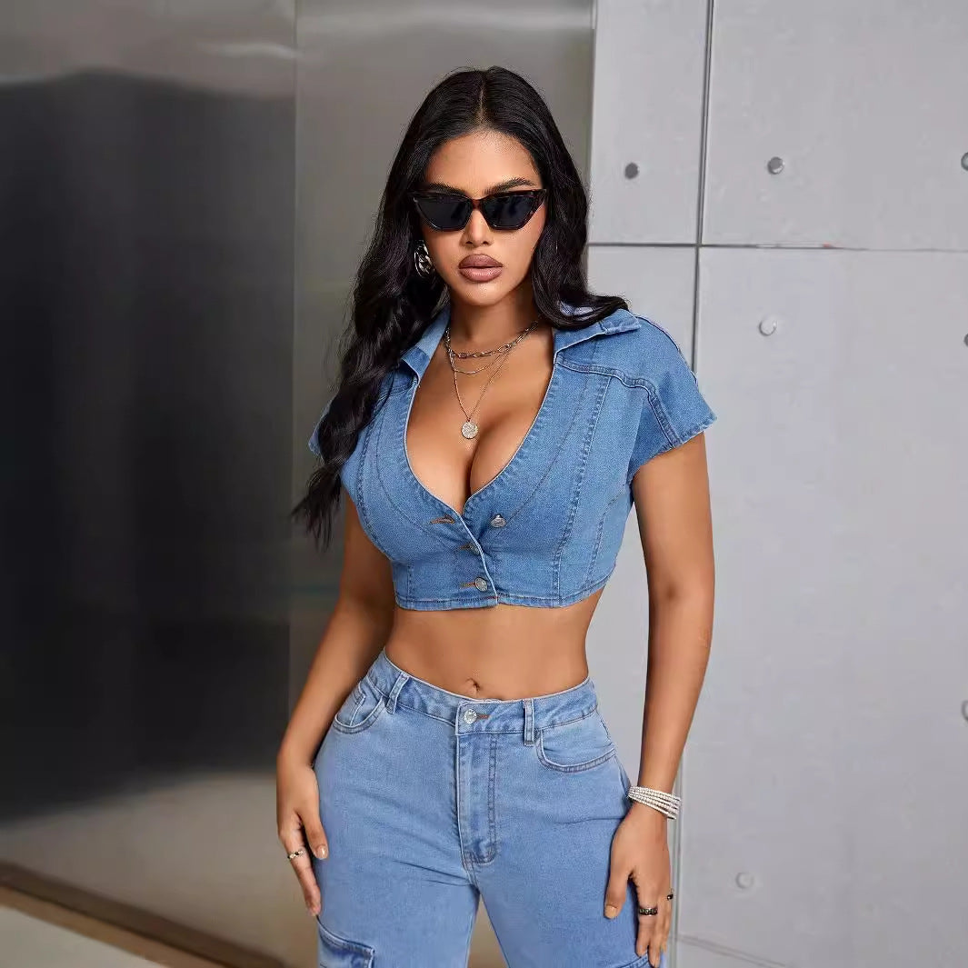 Blue Slim-Fit Denim Streetwear Top
