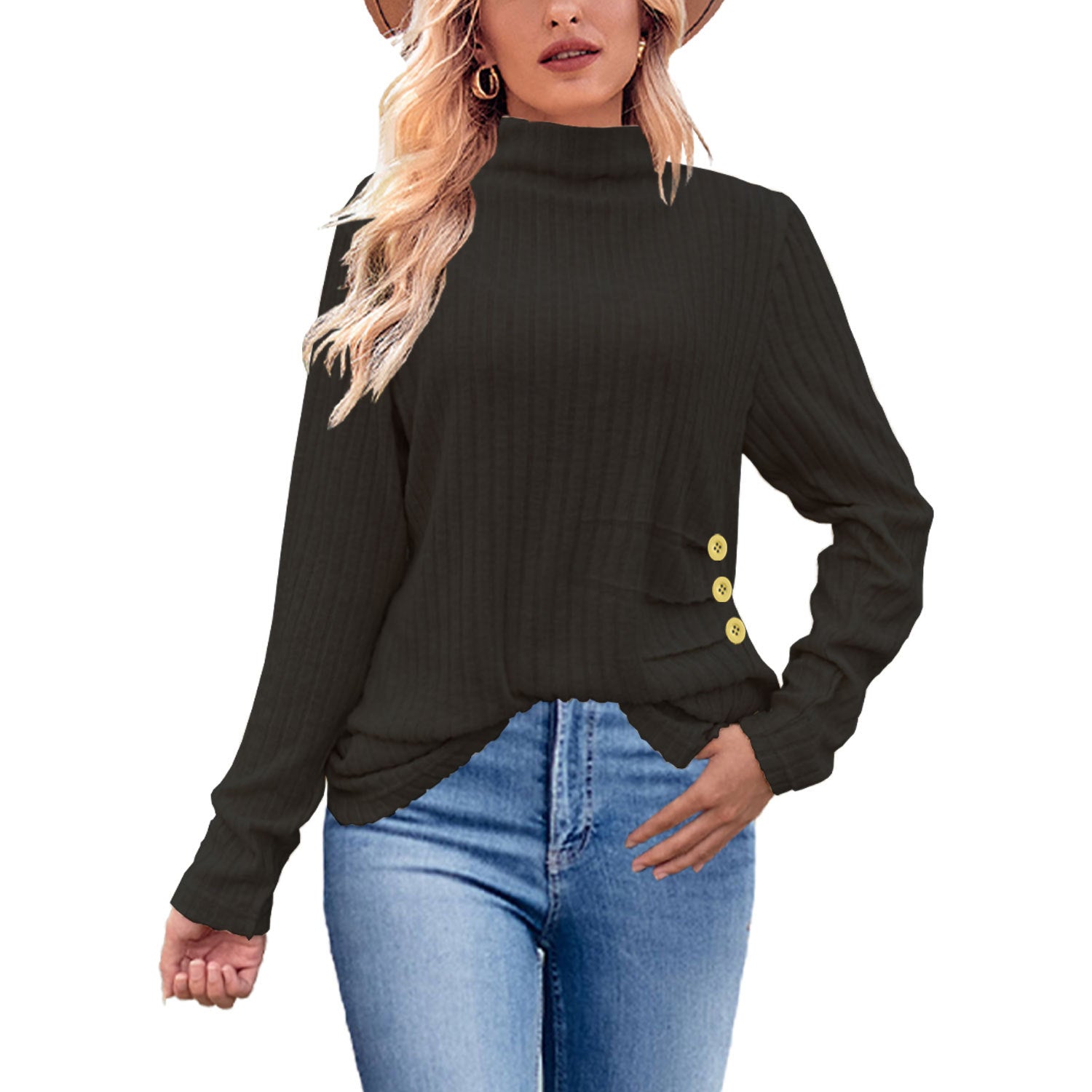 Chic Ribbed Turtleneck Sweater with Side Buttons