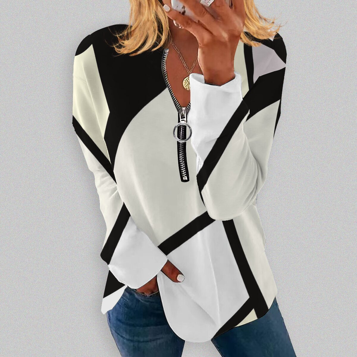 Geometric Print Retro Long-Sleeve Zip Pullover