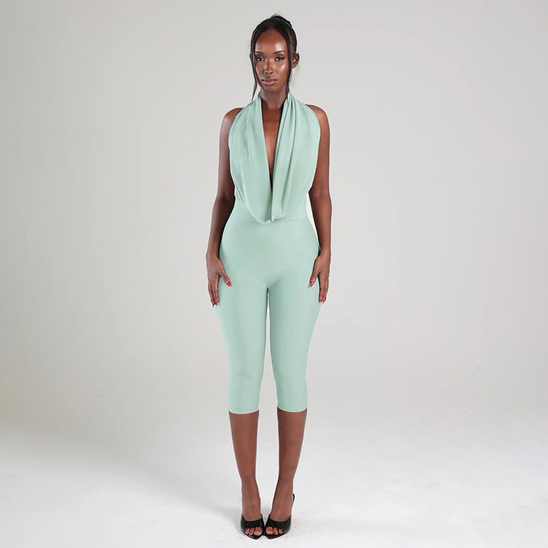 Solid-color Strap-tied Hip-hugging Capri Jumpsuit