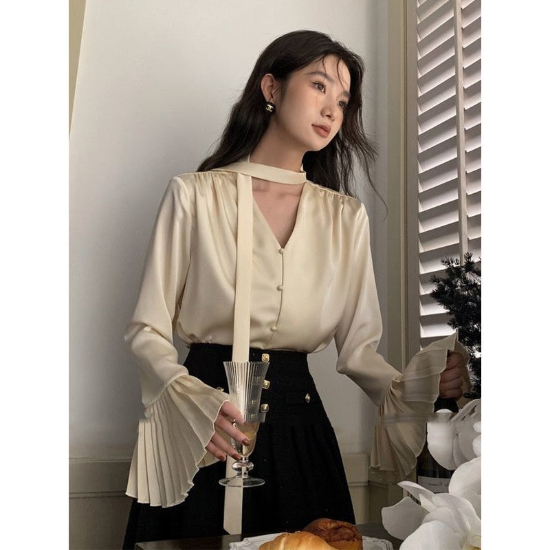 Women's Ruffled Sleeve Top Loose Shirt With Ribbon
